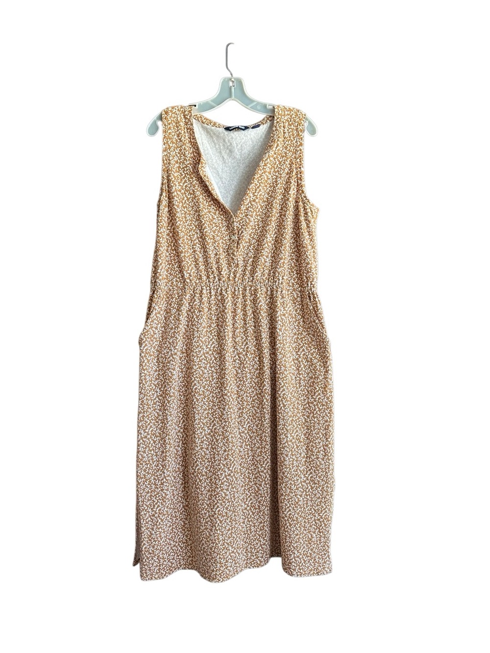 Lands End Sleeveless Tan/White Floral V-Neck Midi Dress. Size Large - Picture 2 of 10